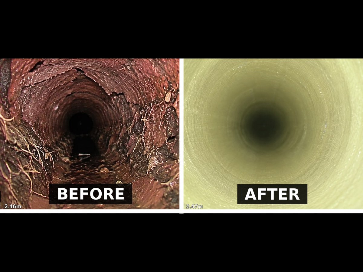 CCTV before and after of a pipe relining repair — cracked drain restored with a cured liner